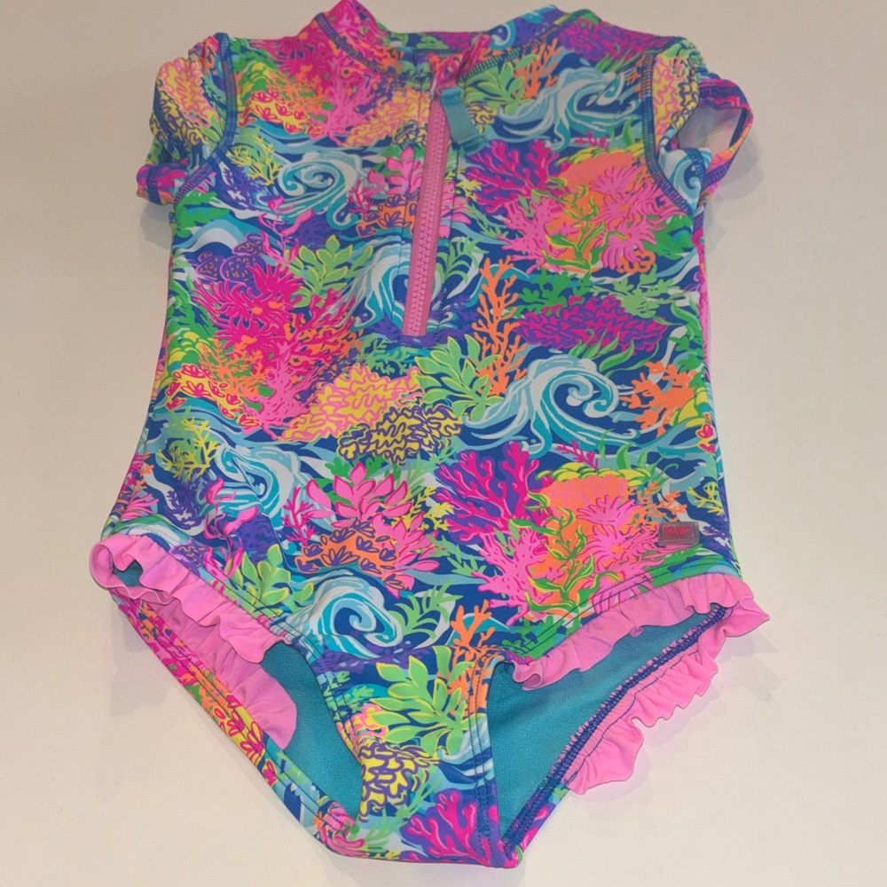 Ruffle Butts Vibrant Coral Kids Swim One Piece